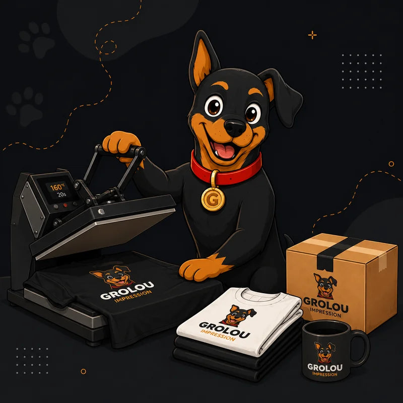 Mascotte GroLou avec presse à chaud, t-shirts imprimés et boîte d'expédition à Saint-Antonin