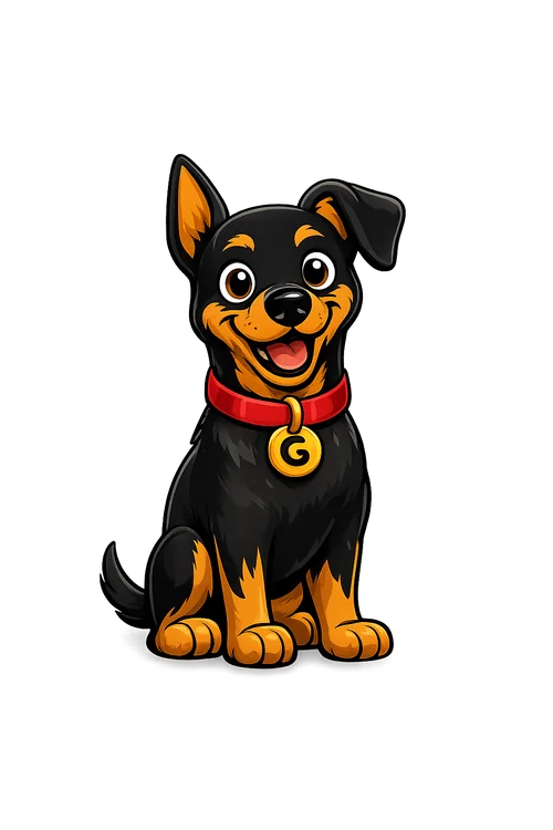 Mascotte GroLou, Pinscher nain illustré au collier rouge avec médaillon G